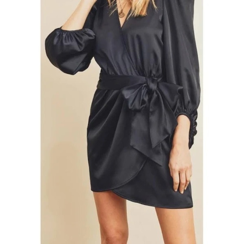 Dress Forum Satin Dress Size Small Navy Wrap Long Sleeve Mini Cocktail Club